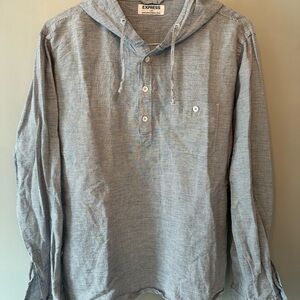 Express Gray Casual Button Down Shirt with Hood